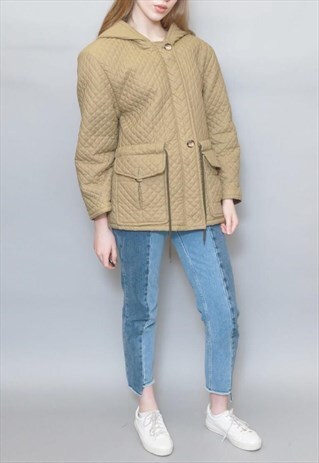 VINTAGE 1990'S QUILTED OLIVE GREEN WARM HOODED COAT