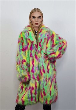 Psychedelic faux fur longline coat festival jacket in green