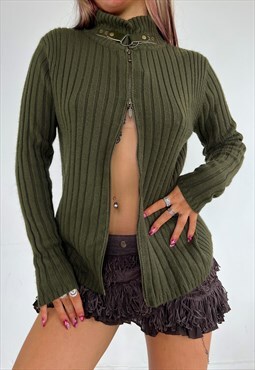 Vintage 90s Double Zip Cardigan Jumper Sweater Y2k Khaki