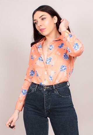 VINTAGE 70S BLUE ROSE PRINT PEACH BLOUSE