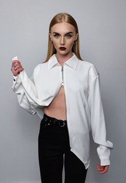 Zip up utility shirt long sleeve going out blouse in white