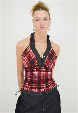Vintage 2000s Halter Neck Top in Black Red Checkered Silk