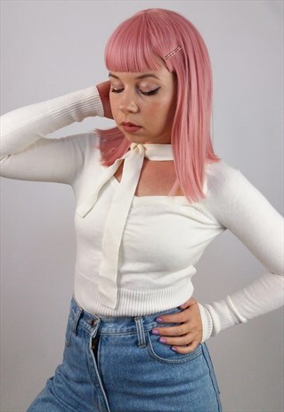 VINTAGE 90'S WHITE KNIT MINIMALIST SWEATER NECK TIE DETAIL
