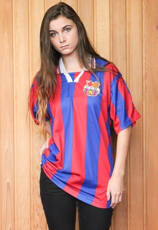 VINTAGE 1990S RED AND BLUE STRIPED FOOTBALL SHIRT