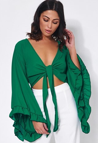 VALENTINA GREEN TIE FRONT WIDE SLEEVE CROP TOP