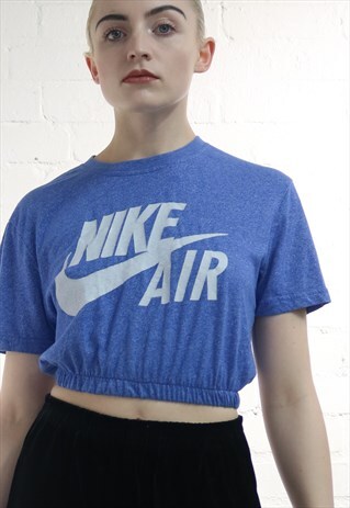 VINTAGE REWORK CROPPED NIKE AIR LOGO T-SHIRT IN BLUE