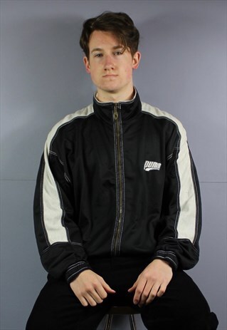 VINTAGE PUMA WINDBREAKER JACKET IN BLACK AND WHITE WITH ZIP