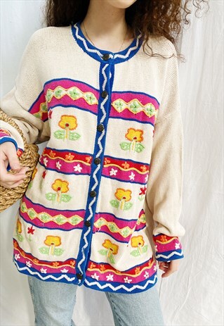 VINTAGE 80S FOLK FLORAL EMBROIDERED KNIT CARDIGAN JUMPER