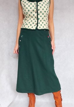 Vintage Green Wool Dirndl Oktoberfest Cottagecore Skirt, M