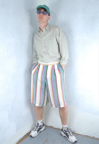 VINTAGE 80'S BAGGY BOARD LONG FUNKY STRIPPED FESTIVAL SHORTS