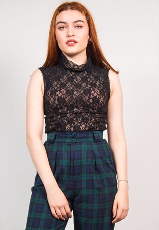 VINTAGE 90'S BLACK LACE HIGH NECK SHEER VEST TOP