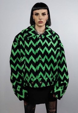 Striped fleece jacket zigzag catwalk bomber geometric coat