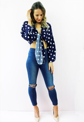 NAVY POLKA DOT PLUNGE FRONT TIE PEASANT BOHO BLOUSE TOP