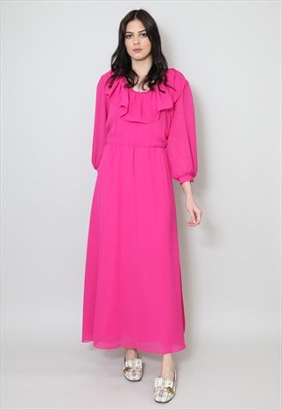 70's Vintage Pink Bell Sleeve Ruffle Maxi Dress