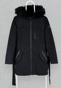 DKNY Black Parka Jacket Faux Fur Hood Womens Size XS