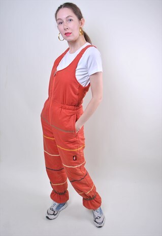 80S ELLESSE ORANGE SUSPENDERS SKI SUIT, WOMAN SNOW JUMPSUIT