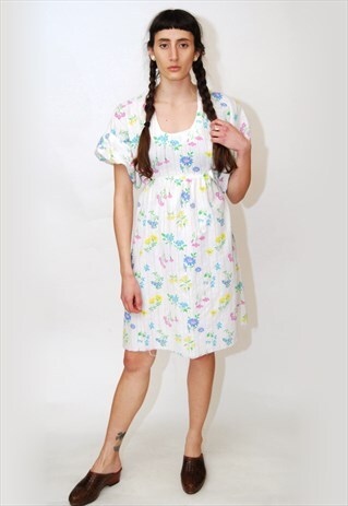 VINTAGE DAY DRESS (M) FLORAL PRINT 70S RAW HEM PUFF SLEEVE