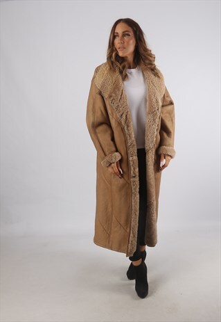 VINTAGE SHEEPSKIN LEATHER SHEARLING COAT LONG UK 18 (93D)