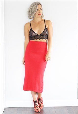 VINTAGE 1990S RED KNITTED HIGH WAISTED MIDI SKIRT