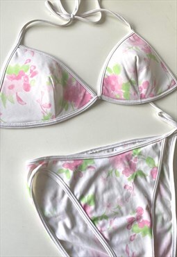 Y2K White Floral Print Summer Beach Bikini 