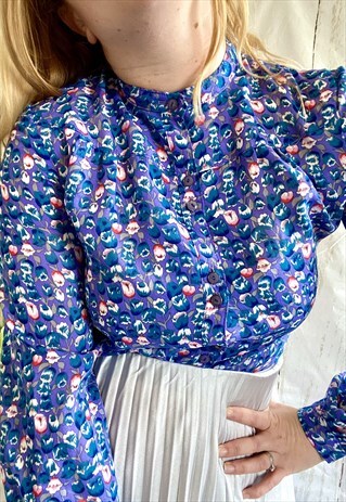 VINTAGE PURPLE FLORAL TULIP PATTERNED 80'S BLOUSE