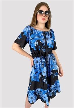 70's Vintage Ladies Blue Black Floral Short Sleeve Dress