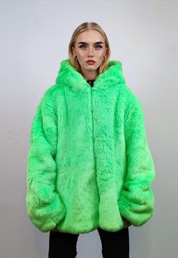 Hooded neon faux fur jacket shaggy coat bright raver bomber 