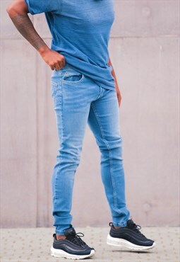 Tapered Denim Jeans - Mid Wash Blue
