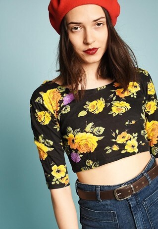 90'S RETRO FLORAL PATTERN PARIS CHIC FESTIVAL CROP TOP