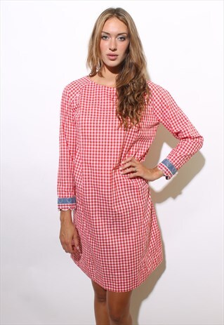 VINTAGE 1960'S 60'S RED PICNIC CHECKERED GINGHAM DRESS L-XL