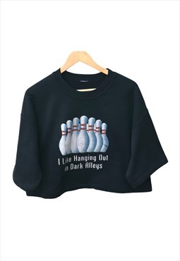 REWORKED Bowling Print Short Sleeved Cropped Sweatshirt