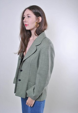 VINTAGE GRAY PLAID WOMAN MINIMALIST SUIT BLAZER, SIZE M