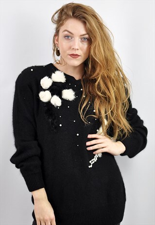 VINTAGE BLACK EMBELLISHED OVERSIZE KNIT CHRISTMAS JUMPER