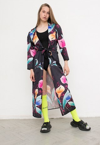 VINTAGE ROBE FLORAL CALLA WRAP DRESS BLACK KIMONO