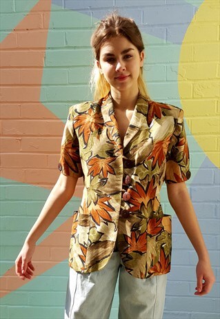80S SHORT SLEEVED TAILORED TROPICAL PRINT JACKET