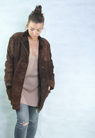 VINTAGE 80'S SUEDE SHEEPSKIN SHEARLING LINED COAT BROWN