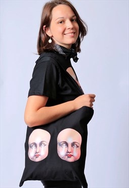 Tote Bag in Black with Creepy Doll Faces Print HALLOWEEN