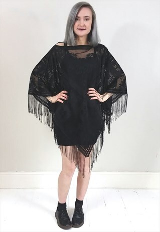 VINTAGE 80'S BLACK LACE SHAWL PONCHO W/ FRINGE