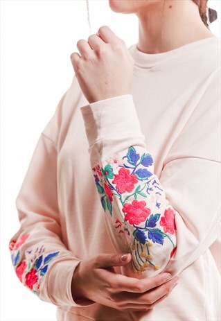 SWEAT EMBROIDERED FLOWERS - BABY PINK