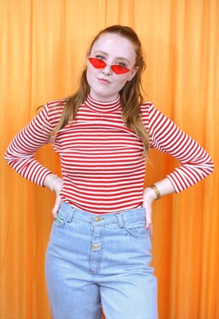 VINTAGE 80S JUMPER RED WHITE STRIPED TURTLENECK KNITTED