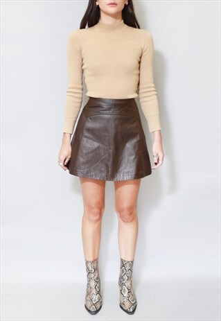 VINTAGE 1980'S BROWN SOFT LEATHER A LINE MINI SKIRT