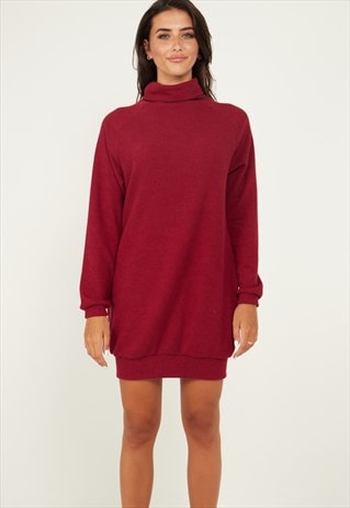 Oversized Jumper Dress With Roll Neck And Pockets In Wine