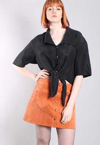 VINTAGE 90S BLACK LINEN OVERSIZE TIE UP CROPPED SHIRT