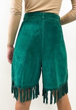Vintage 90s fringed suede green leather shorts 