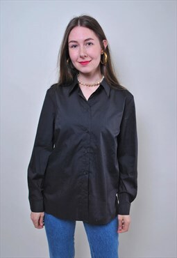 Vintage minimalist black blouse, 90s office shirt for work 