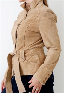 Y2k Vintage Suede Leather Jacket Belted Button Down Beige S