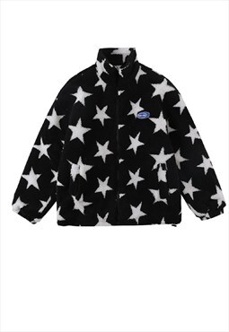 Star fleece jacket fluffy bomber in black