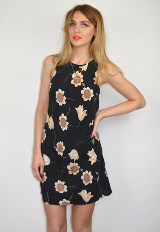 VINTAGE 90S BLACK SUNFLOWER FLORAL PRINT MINI DRESS