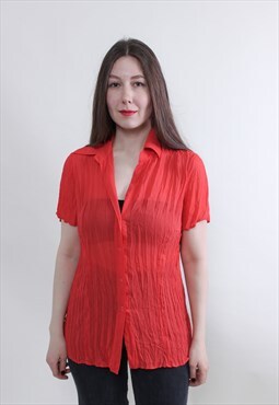 Vintage Mesh textured blouse, ruffle red shirt MEDIUM size