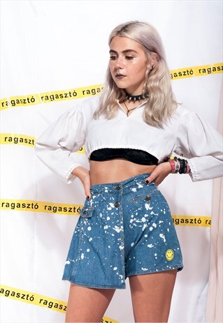 VINTAGE DENIM SHORTS REWORKED BLEACH ACID SMILEY PATCH SKORT